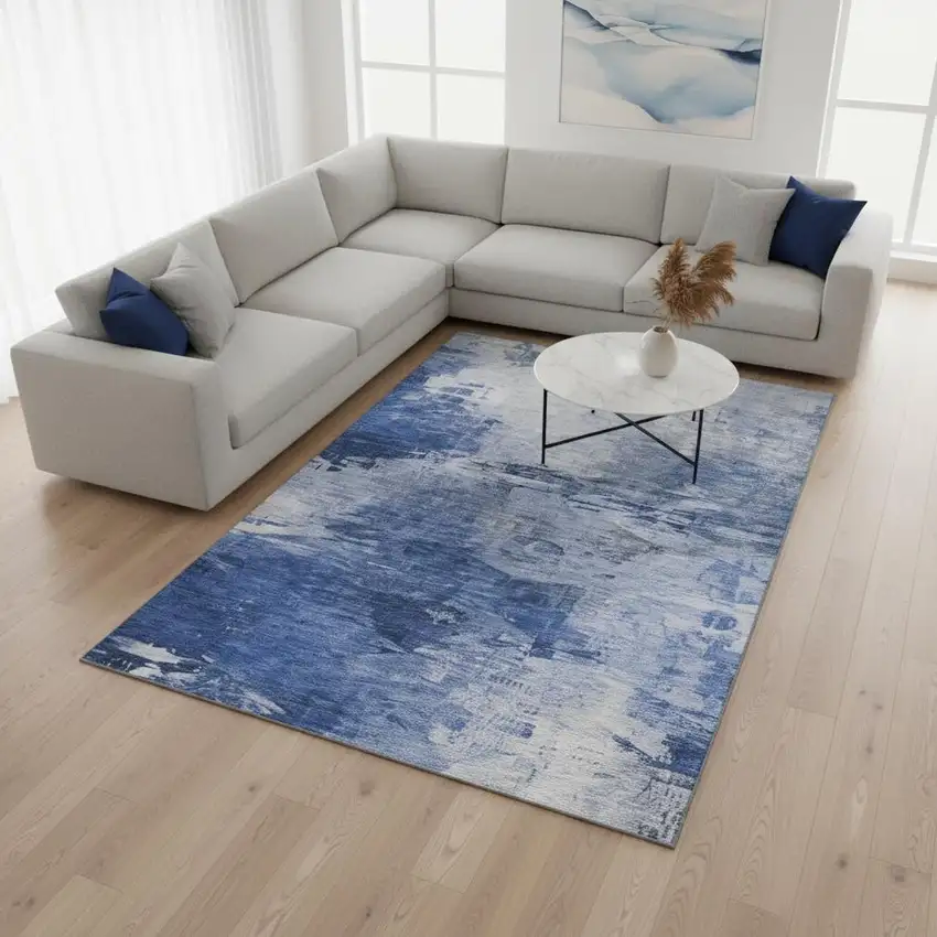 Blue And Ivory Abstract Washable Area Rug With UV Protection Photo 2