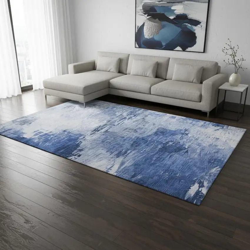 Blue And Ivory Abstract Washable Area Rug With UV Protection Photo 2