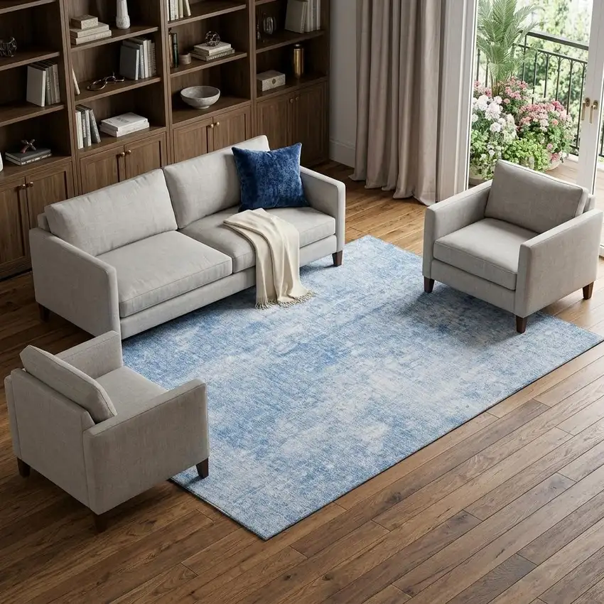 Blue And Ivory Abstract Washable Area Rug With UV Protection Photo 1
