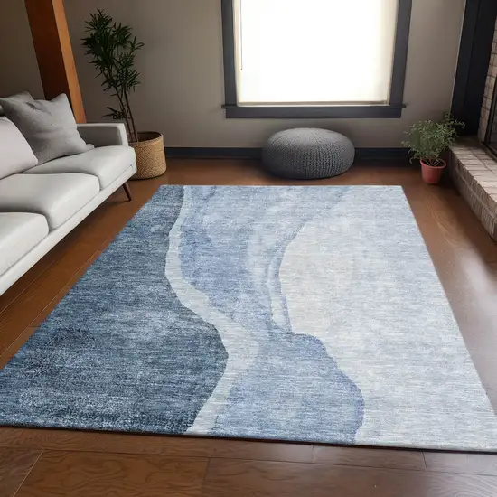 Blue And Ivory Abstract Washable Area Rug With UV Protection Photo 4