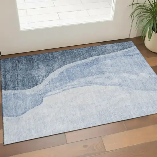 Blue And Ivory Abstract Washable Area Rug With UV Protection Photo 9