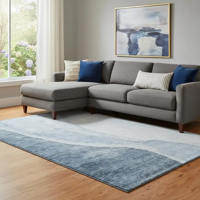 Blue And Ivory Abstract Washable Area Rug With UV Protection Photo 1