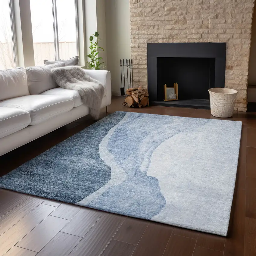 Blue And Ivory Abstract Washable Area Rug With UV Protection Photo 6