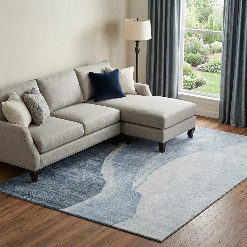 Blue And Ivory Abstract Washable Area Rug With UV Protection Photo 1