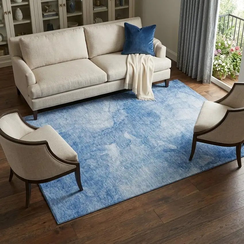 Blue And Ivory Abstract Washable Area Rug With UV Protection Photo 1