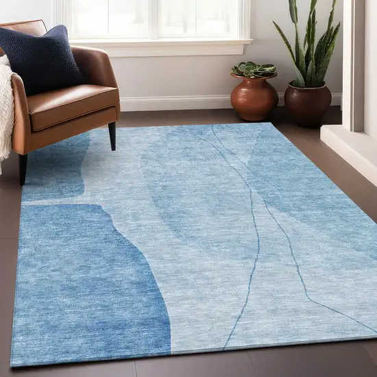 Blue And Ivory Abstract Washable Area Rug With UV Protection Photo 6