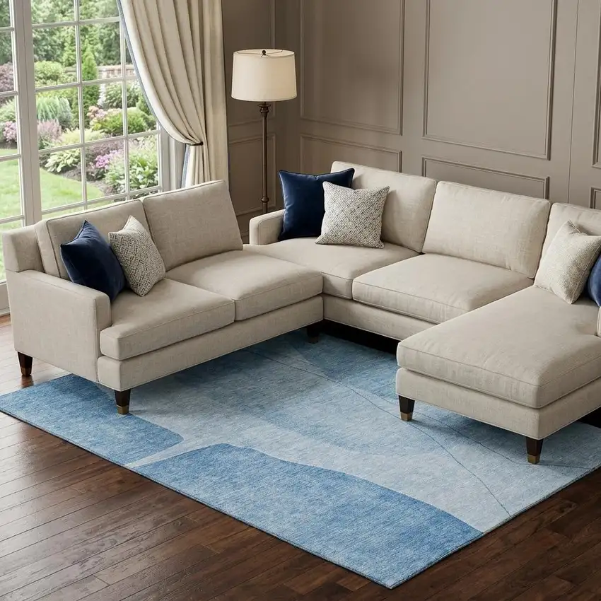 Blue And Ivory Abstract Washable Area Rug With UV Protection Photo 1