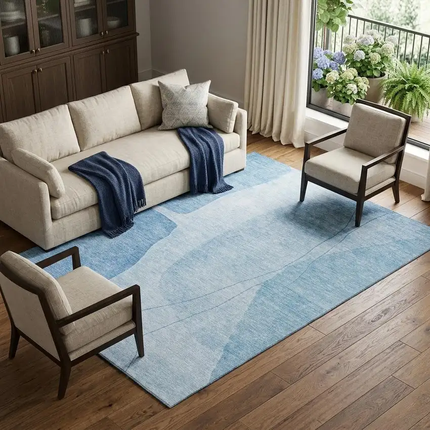 Blue And Ivory Abstract Washable Area Rug With UV Protection Photo 1