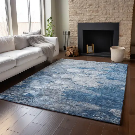 Blue And Ivory Abstract Washable Area Rug With UV Protection Photo 6