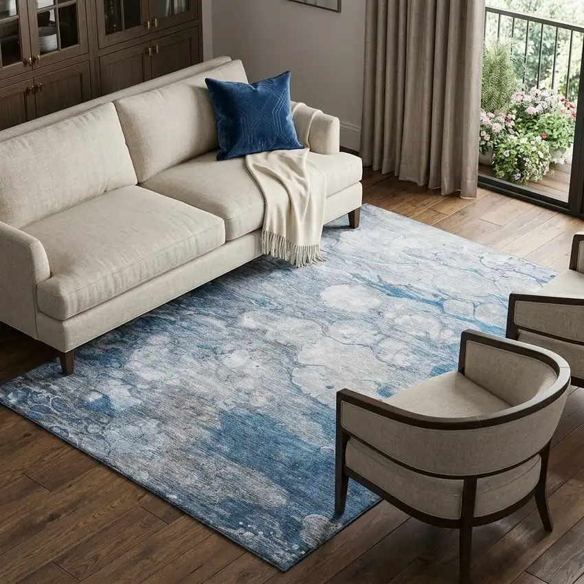 Blue And Ivory Abstract Washable Area Rug With UV Protection Photo 1