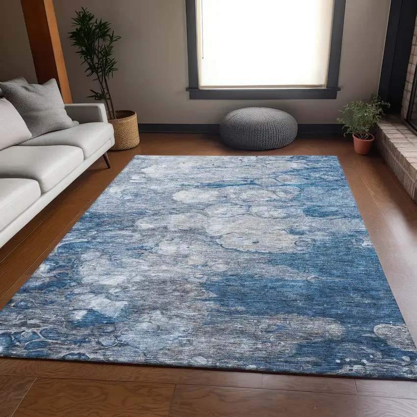 Blue And Ivory Abstract Washable Area Rug With UV Protection Photo 5