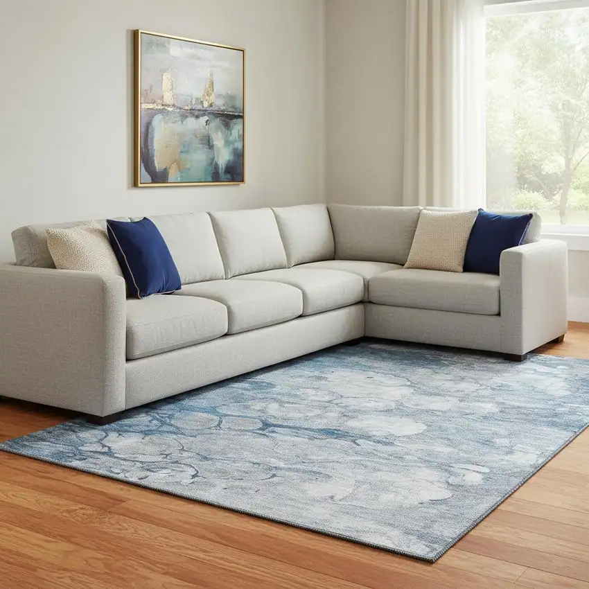 Blue And Ivory Abstract Washable Area Rug With UV Protection Photo 1