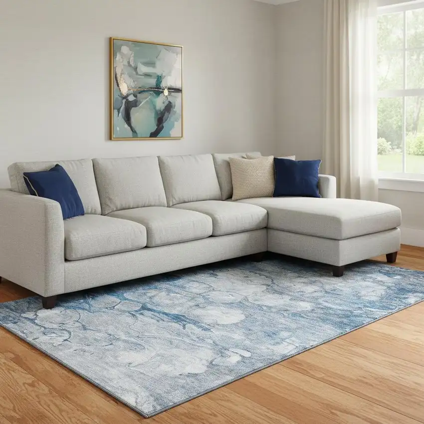Blue And Ivory Abstract Washable Area Rug With UV Protection Photo 1