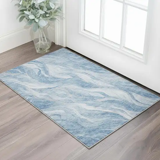 Blue And Ivory Abstract Washable Area Rug With UV Protection Photo 2