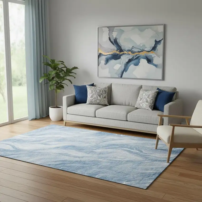 Blue And Ivory Abstract Washable Area Rug With UV Protection Photo 1