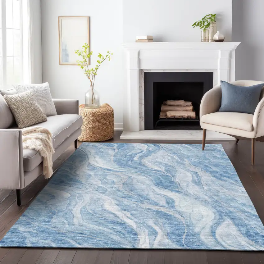 Blue And Ivory Abstract Washable Area Rug With UV Protection Photo 5