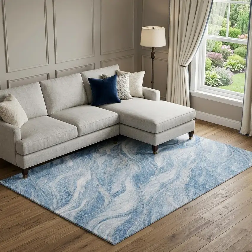 Blue And Ivory Abstract Washable Area Rug With UV Protection Photo 1