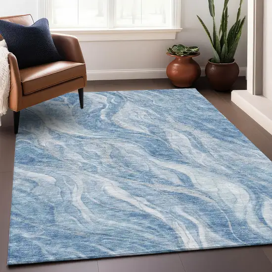 Blue And Ivory Abstract Washable Area Rug With UV Protection Photo 7