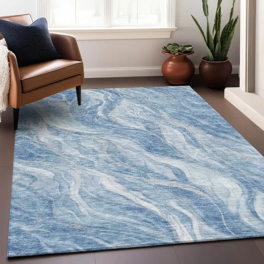 Blue And Ivory Abstract Washable Area Rug With UV Protection Photo 7
