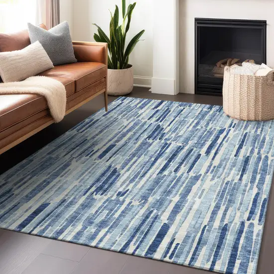 Blue And Ivory Abstract Washable Area Rug With UV Protection Photo 5