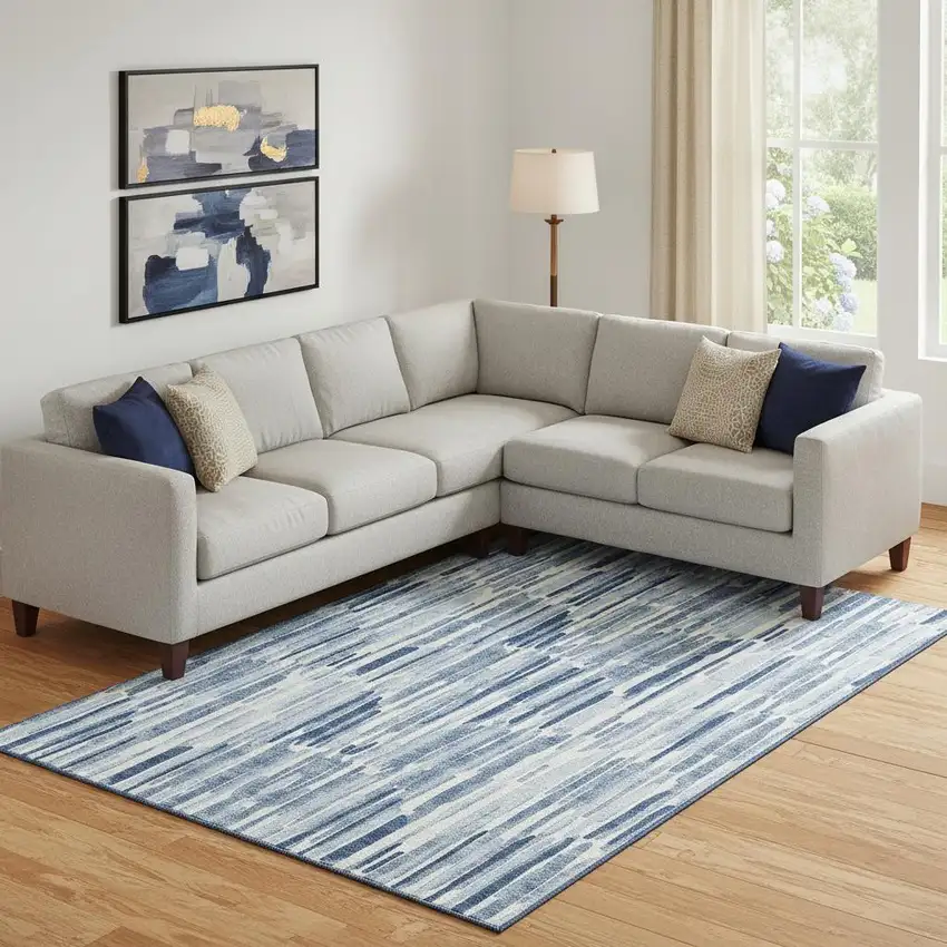 Blue And Ivory Abstract Washable Area Rug With UV Protection Photo 2
