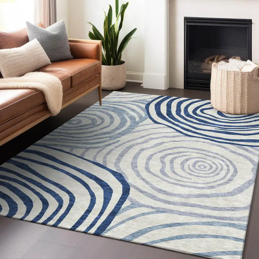 Blue And Ivory Abstract Washable Area Rug With UV Protection Photo 6