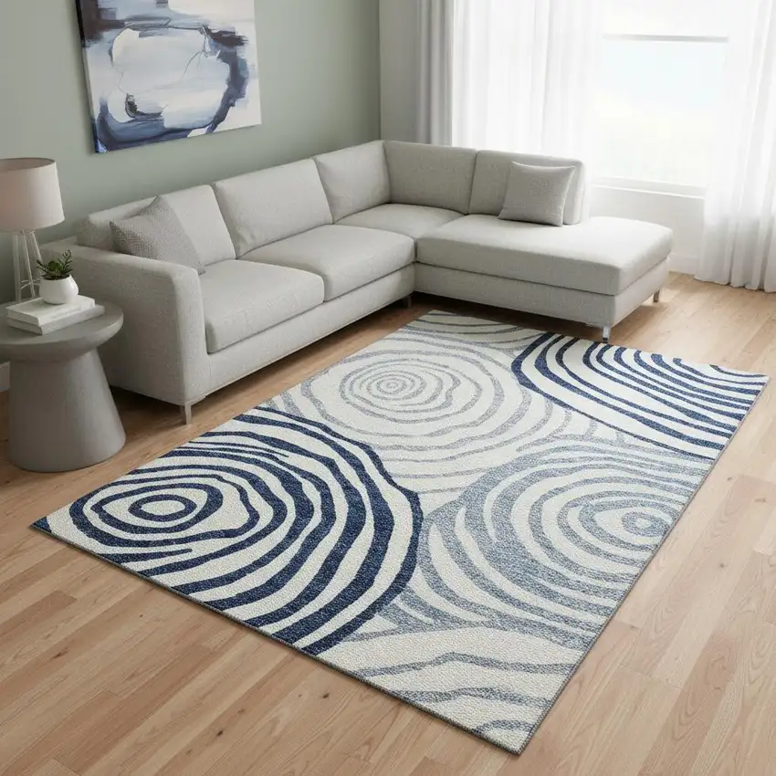 Blue And Ivory Abstract Washable Area Rug With UV Protection Photo 2