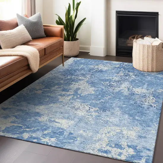 Blue And Ivory Abstract Washable Area Rug With UV Protection Photo 6