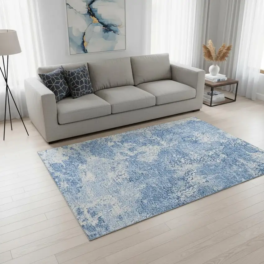 Blue And Ivory Abstract Washable Area Rug With UV Protection Photo 2