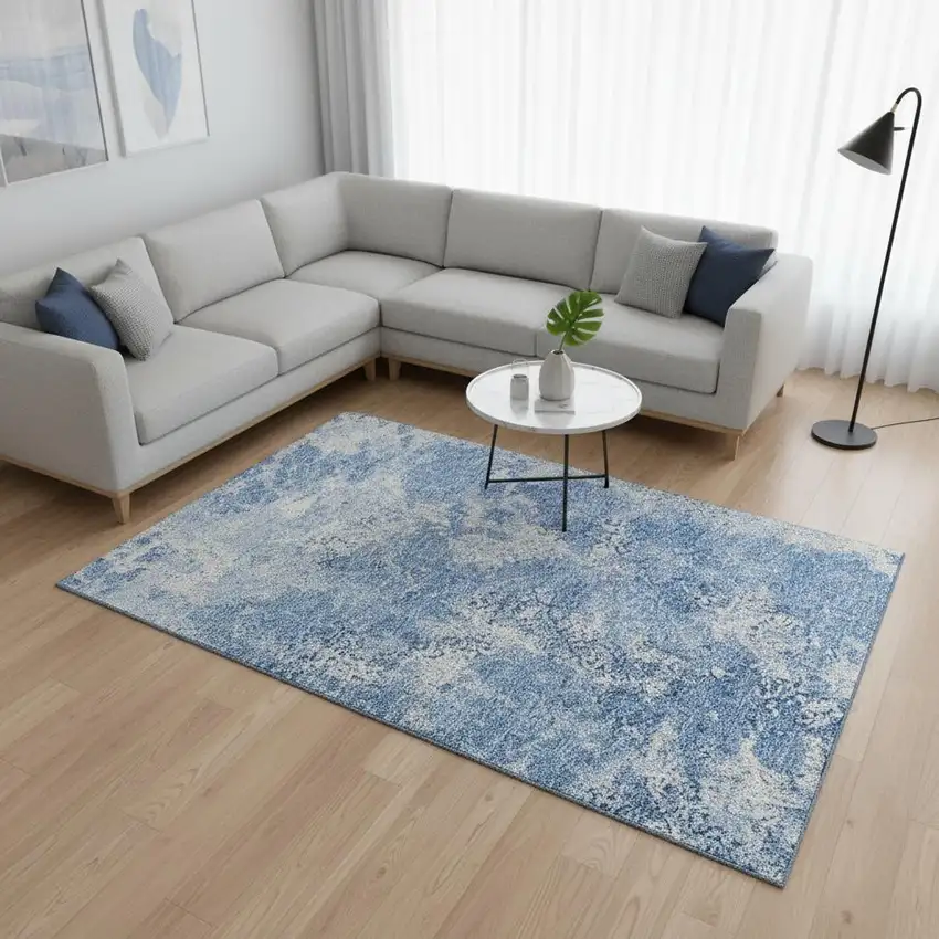 Blue And Ivory Abstract Washable Area Rug With UV Protection Photo 2