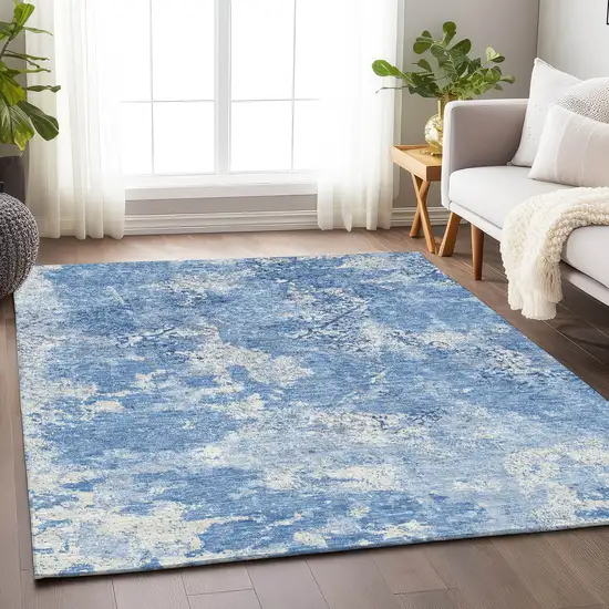 Blue And Ivory Abstract Washable Area Rug With UV Protection Photo 5