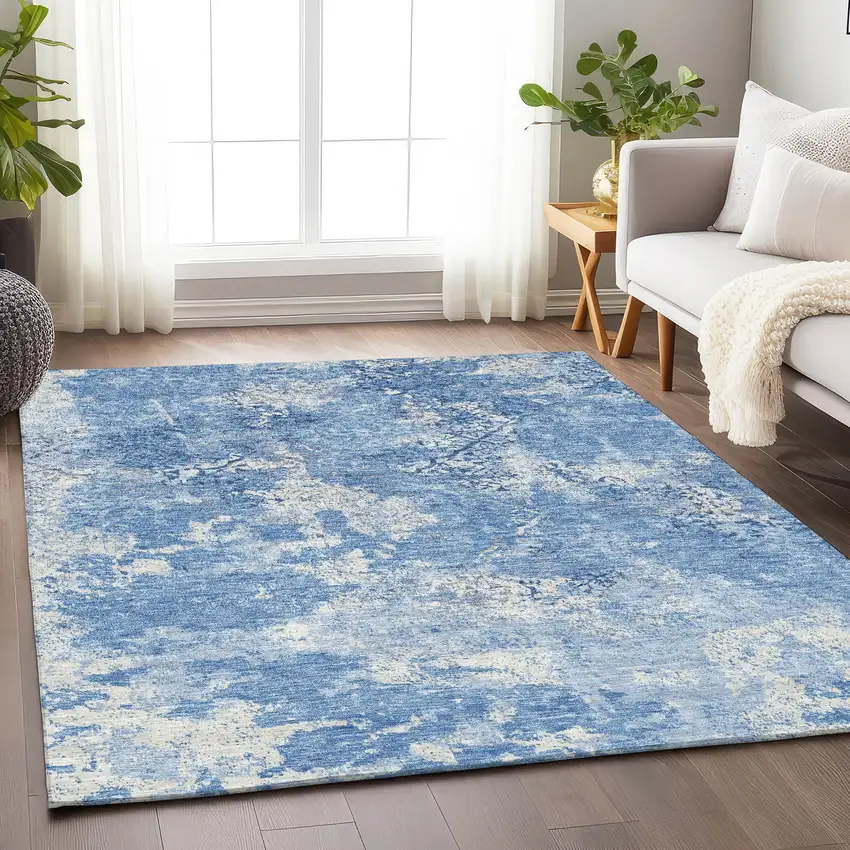Blue And Ivory Abstract Washable Area Rug With UV Protection Photo 5