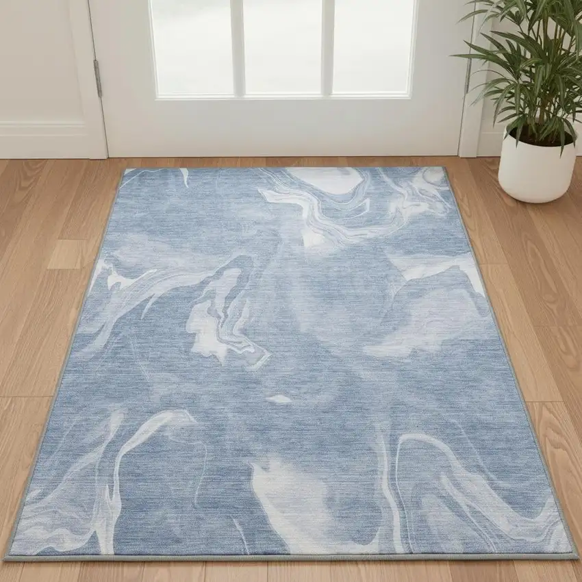 Blue And Ivory Abstract Washable Area Rug With UV Protection Photo 2