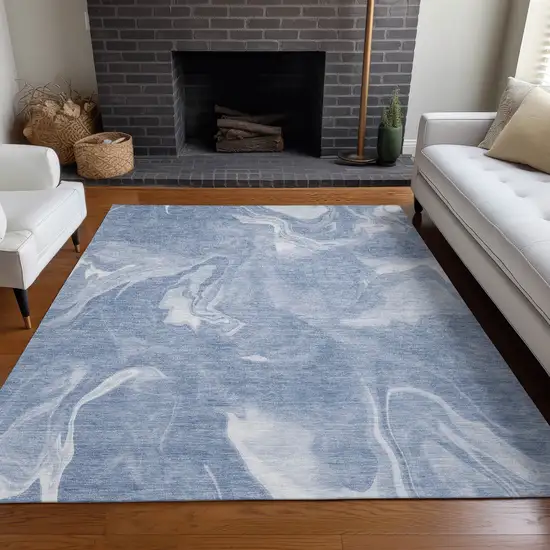 Blue And Ivory Abstract Washable Area Rug With UV Protection Photo 5