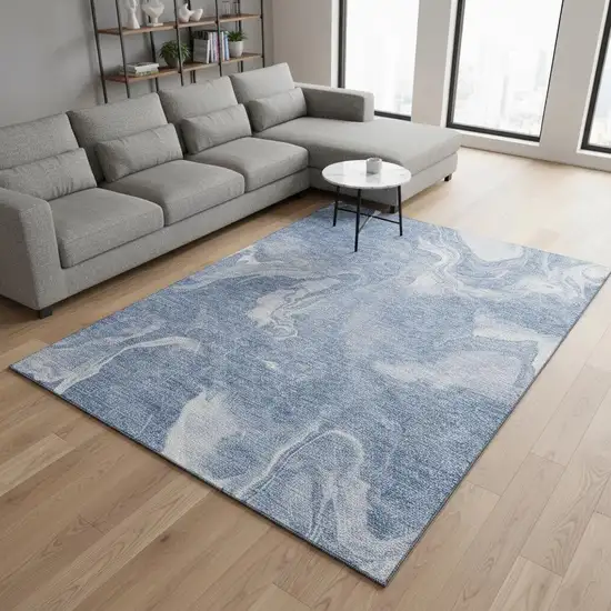 Blue And Ivory Abstract Washable Area Rug With UV Protection Photo 2