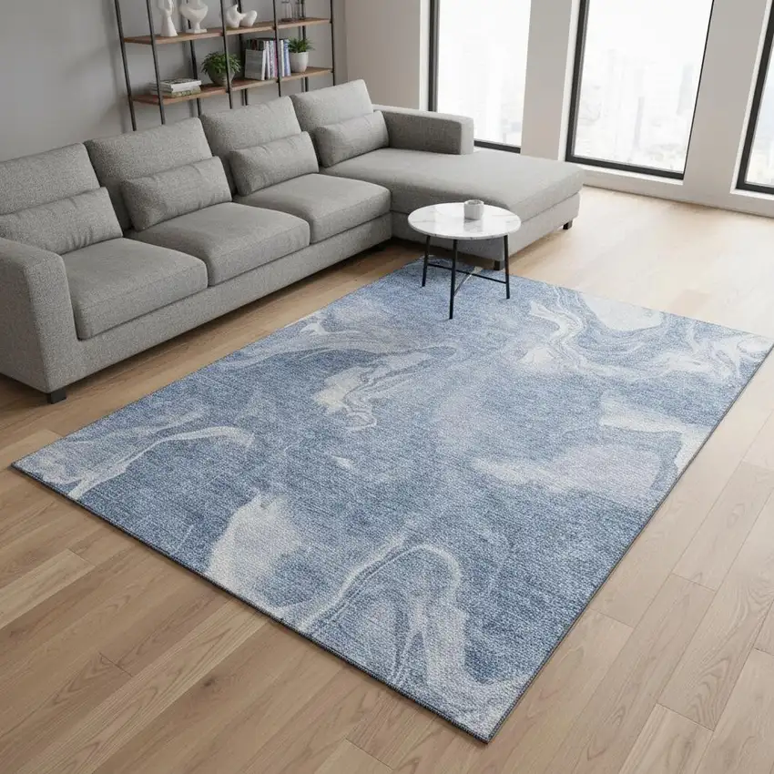 Blue And Ivory Abstract Washable Area Rug With UV Protection Photo 2