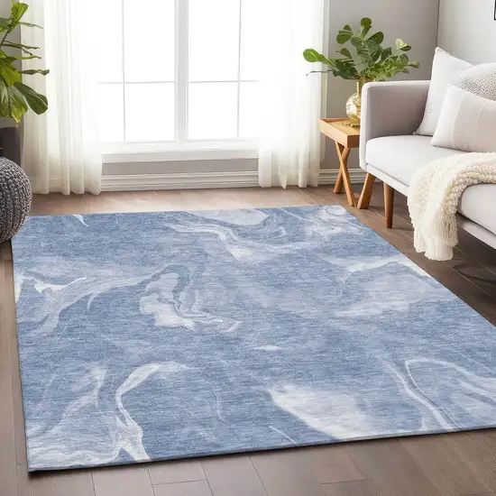 Blue And Ivory Abstract Washable Area Rug With UV Protection Photo 6