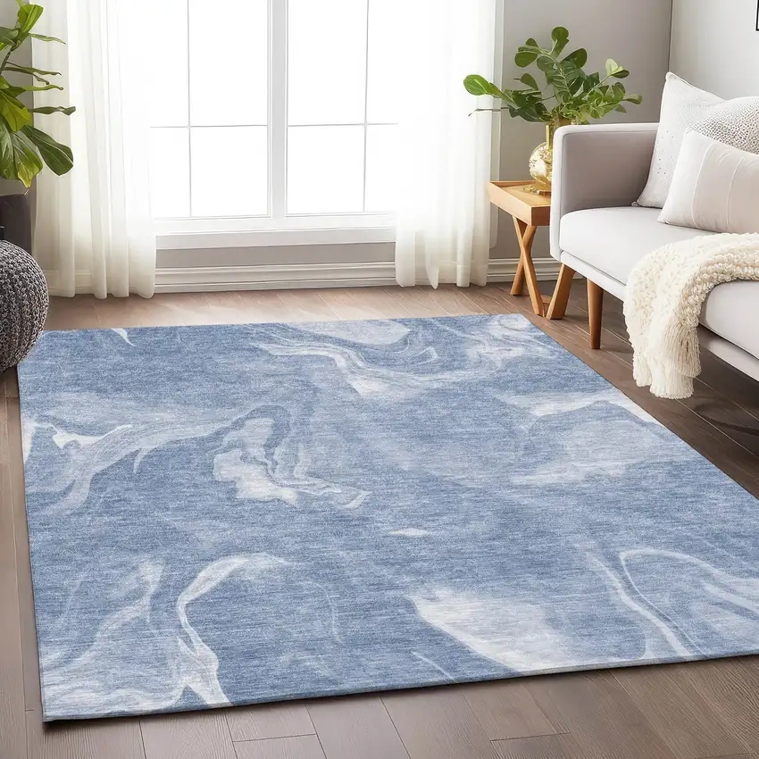 Blue And Ivory Abstract Washable Area Rug With UV Protection Photo 6