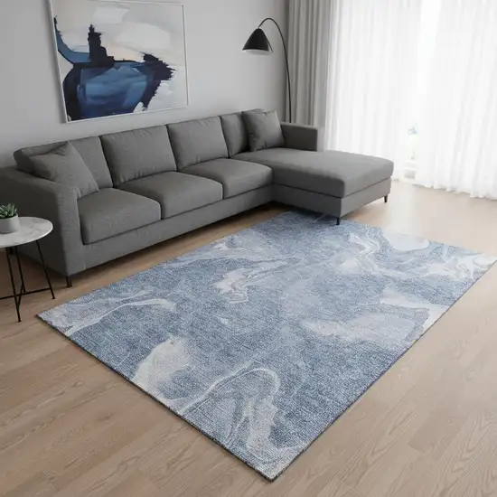 Blue And Ivory Abstract Washable Area Rug With UV Protection Photo 2