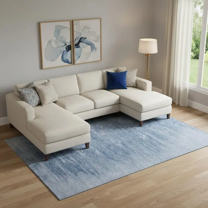 Blue And Ivory Abstract Washable Area Rug With UV Protection Photo 1