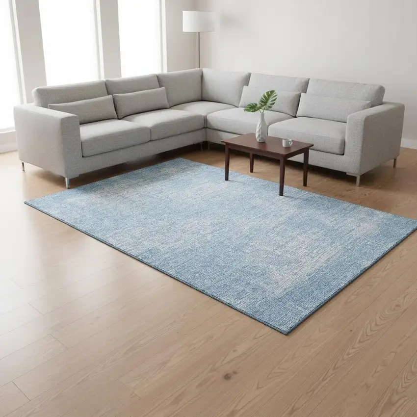 Blue And Ivory Abstract Washable Area Rug With UV Protection Photo 2