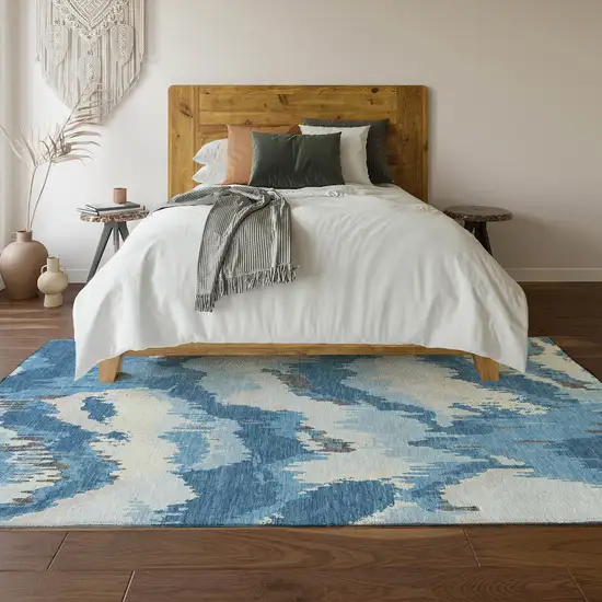 Blue And Ivory Abstract Washable Area Rug With UV Protection Photo 7