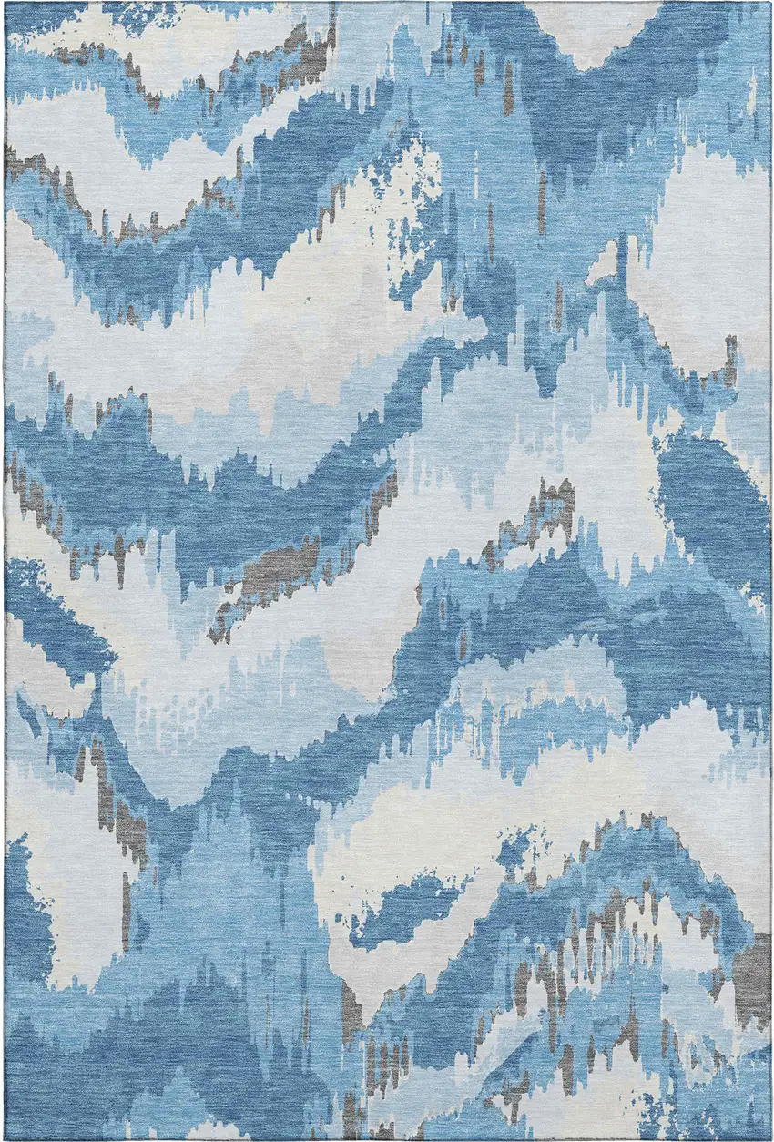 Blue And Ivory Abstract Washable Area Rug With UV Protection Photo 2
