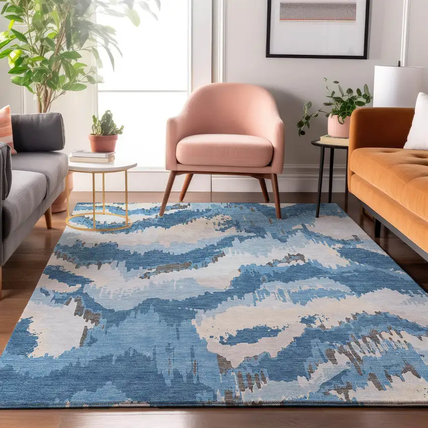 Blue And Ivory Abstract Washable Area Rug With UV Protection Photo 6