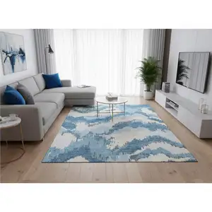 Photo of Blue And Ivory Abstract Washable Area Rug With UV Protection