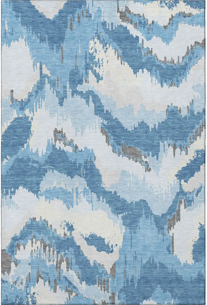 Blue And Ivory Abstract Washable Area Rug With UV Protection Photo 5