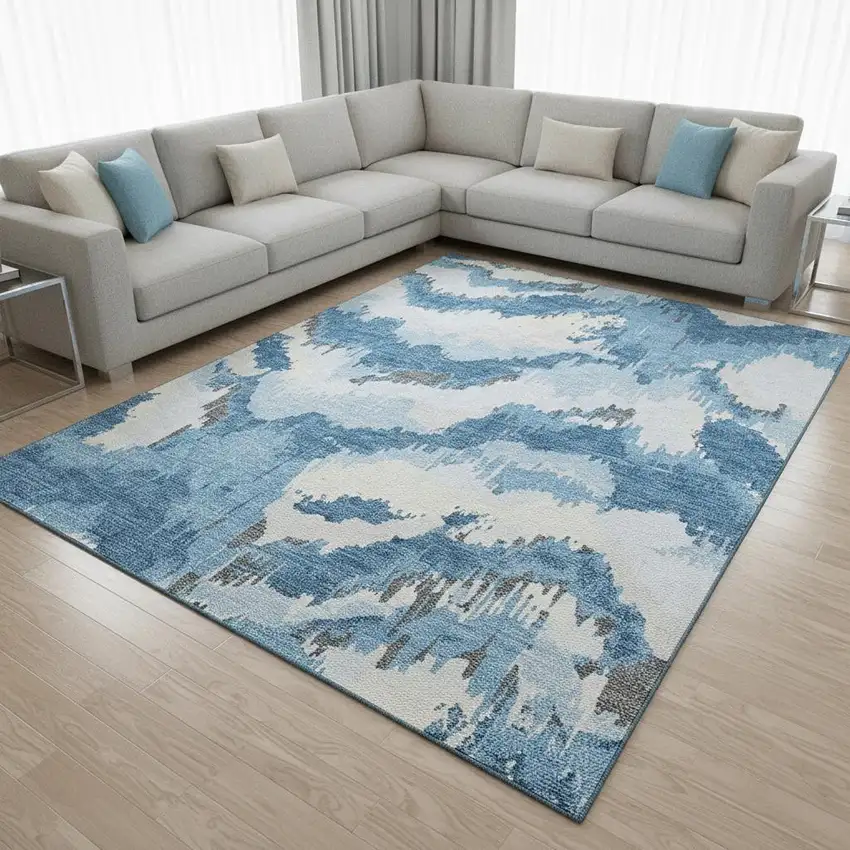 Blue And Ivory Abstract Washable Area Rug With UV Protection Photo 1