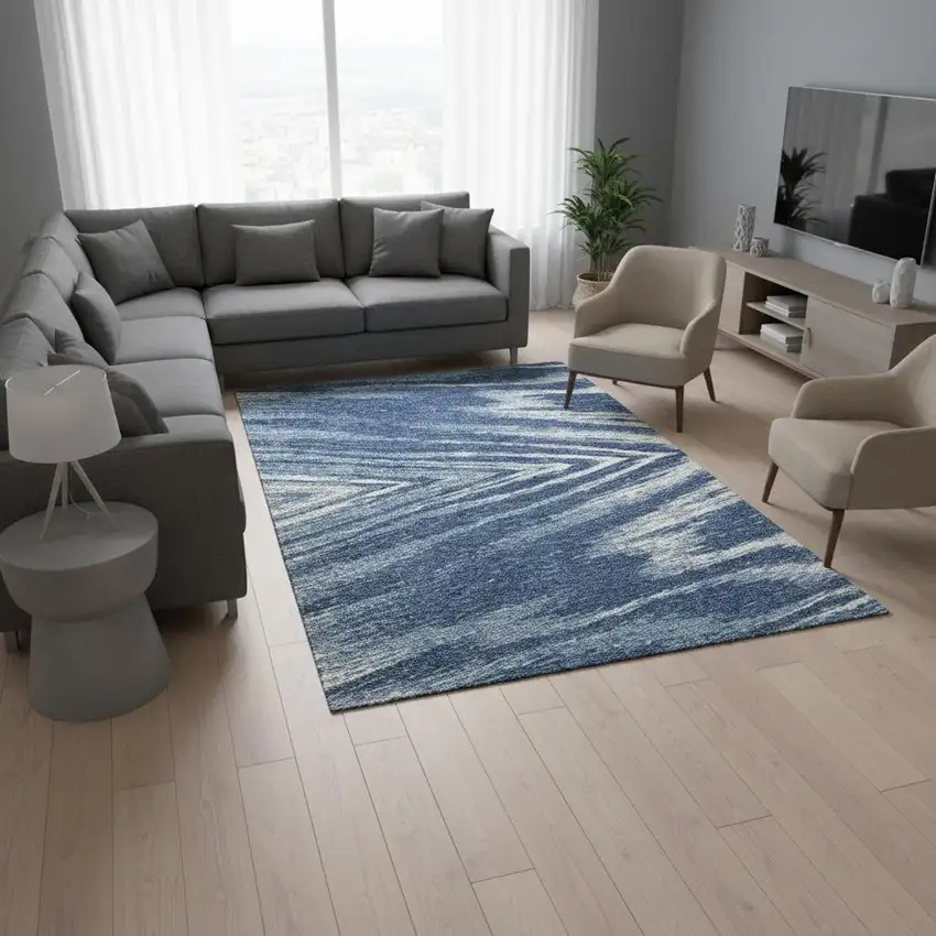 Blue And Ivory Abstract Washable Area Rug With UV Protection Photo 2