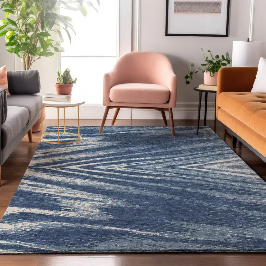 Blue And Ivory Abstract Washable Area Rug With UV Protection Photo 5