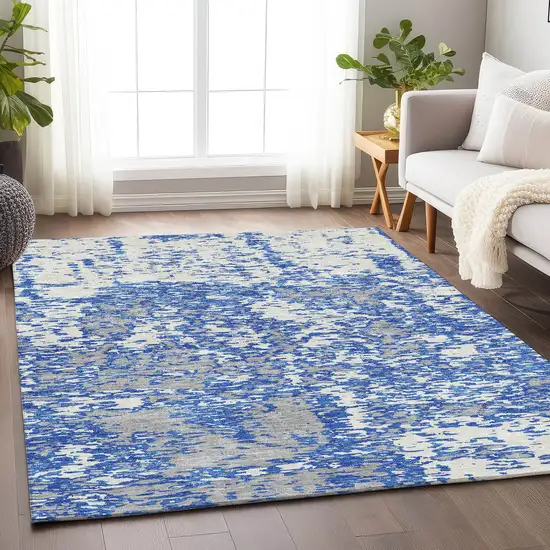 Blue And Ivory Abstract Washable Area Rug With UV Protection Photo 4